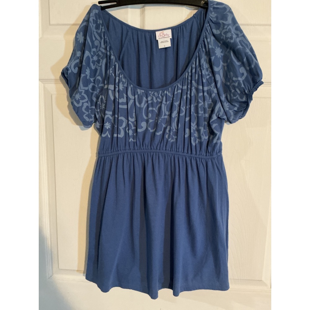 Oh Baby by Motherhood Maternity Top Large Blue Cotton Floral Empire Waist Tunic